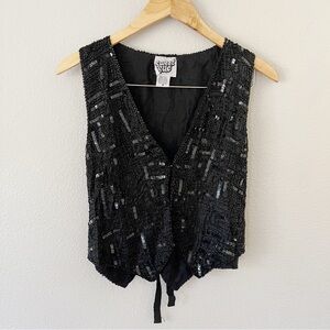 Vintage 80s Sweet Sue Black Silk Beaded Vest Size M
